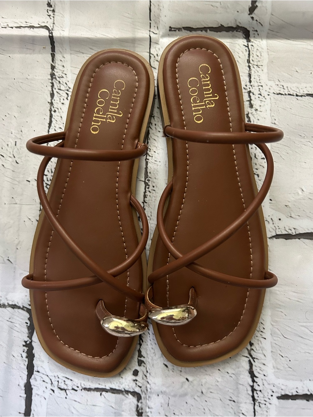Camila Coelho Brown Strappy Toe-Ring Sandals with Gold Accent